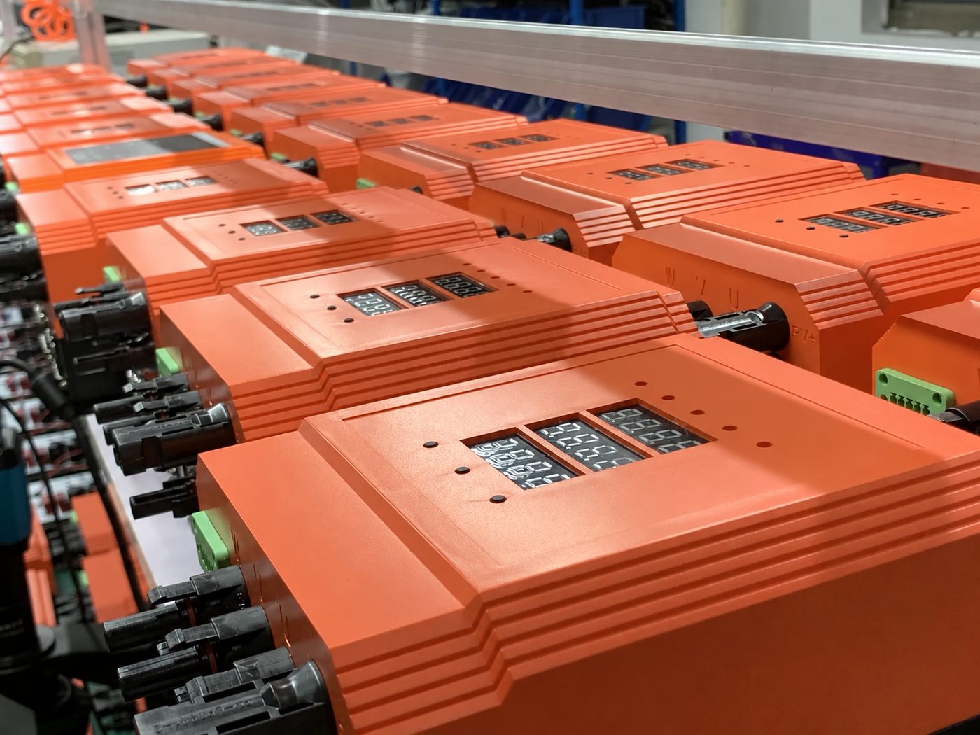 Solar pump controllers with MC4 inputs on an assembly line