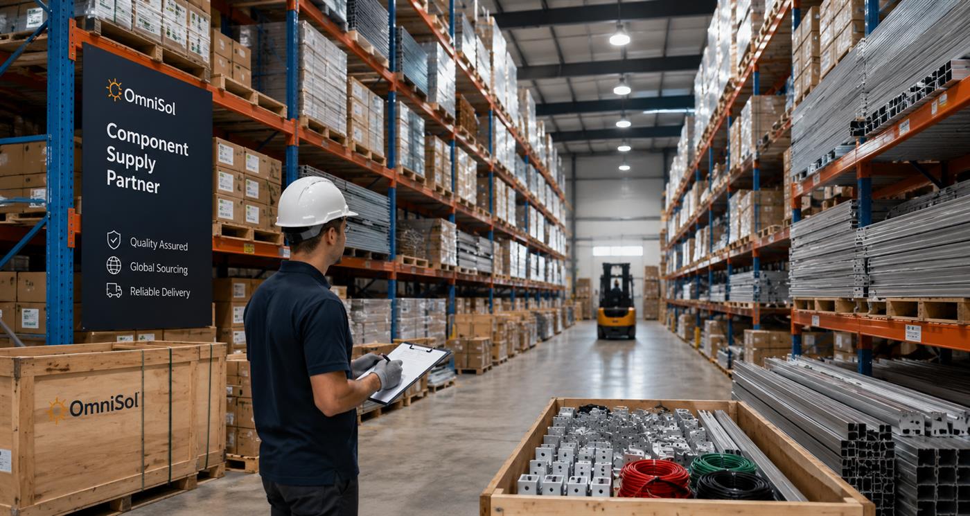OmniSol solar BOS component supply warehouse with mounting rails and accessories