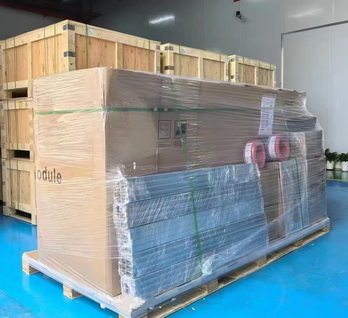 Solar BOS components packed on pallets for export consolidation