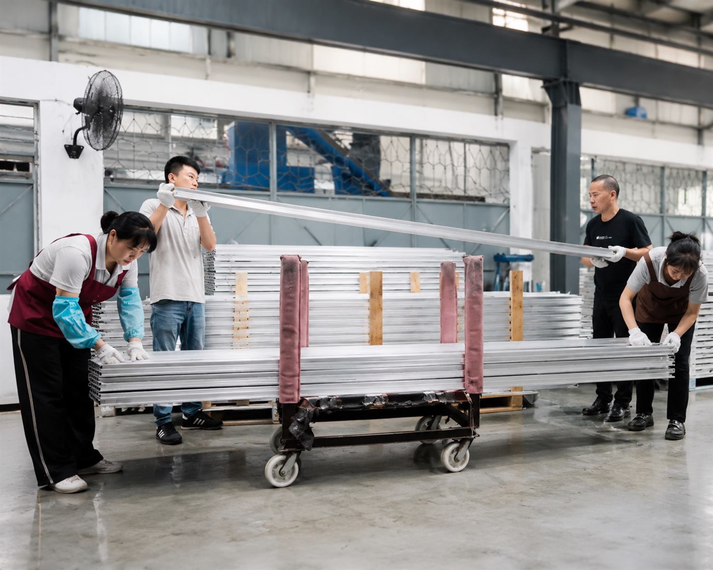 Factory team inspecting aluminum solar mounting rails before export packing